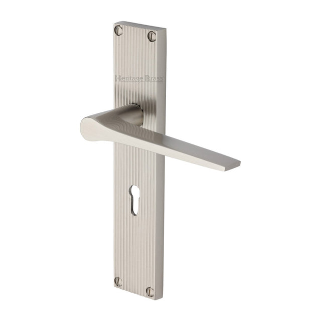 This is an image of a Heritage Brass - Gio Reeded Lever Lock Satin Nickel finish, rr4700-sn that is available to order from T.H Wiggans Ironmongery in Kendal.