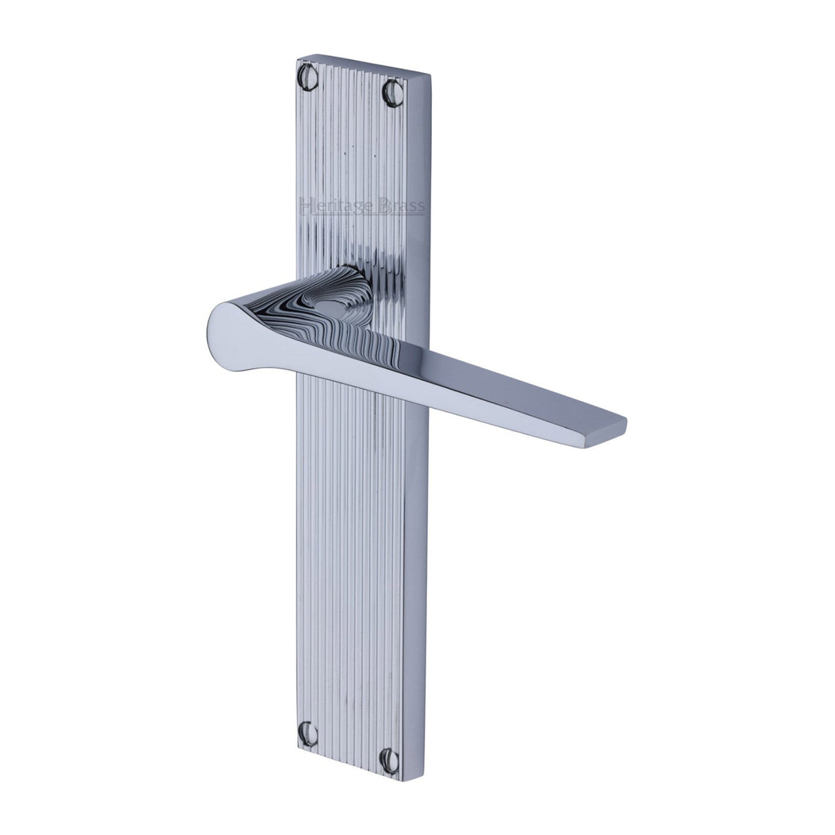This is an image of a Heritage Brass - Gio Reeded Lever Latch Polished Chrome finish, rr4710-pc that is available to order from T.H Wiggans Ironmongery in Kendal.