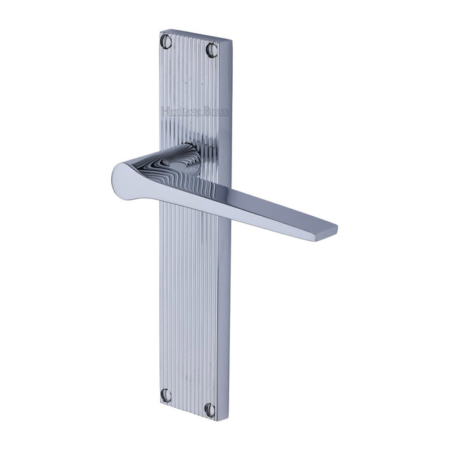 This is an image of a Heritage Brass - Gio Reeded Lever Latch Polished Chrome finish, rr4710-pc that is available to order from T.H Wiggans Ironmongery in Kendal.