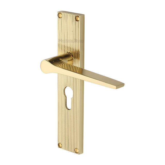 This is an image of a Heritage Brass - Gio Reeded Euro Profile Polished Brass finish, rr4748-pb that is available to order from T.H Wiggans Ironmongery in Kendal.