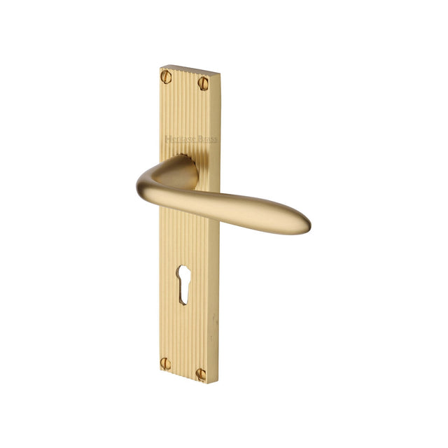 This is an image of a Heritage Brass - Sutton Reeded Lever Lock Satin Brass finish, rr5000-sb that is available to order from T.H Wiggans Ironmongery in Kendal.