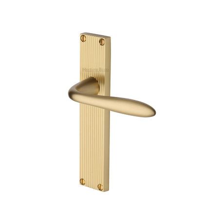 This is an image of a Heritage Brass - Sutton Reeded Lever Latch Satin Brass finish, rr5010-sb that is available to order from T.H Wiggans Ironmongery in Kendal.