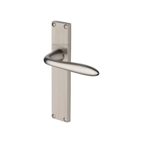 This is an image of a Heritage Brass - Sutton Reeded Lever Latch Satin Nickel finish, rr5010-sn that is available to order from T.H Wiggans Ironmongery in Kendal.