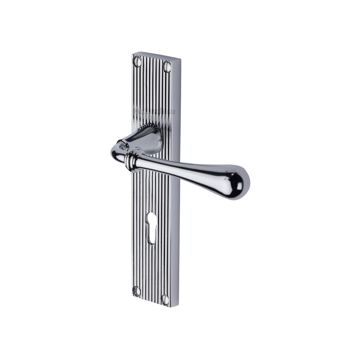 This is an image of a Heritage Brass - Roma Reeded Lever Lock Polished Chrome finish, rr6000-pc that is available to order from T.H Wiggans Ironmongery in Kendal.