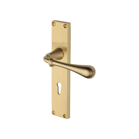 This is an image of a Heritage Brass - Roma Reeded Lever Lock Satin Brass finish, rr6000-sb that is available to order from T.H Wiggans Ironmongery in Kendal.