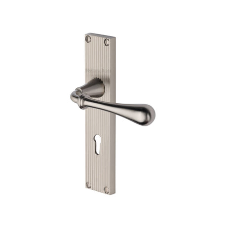 This is an image of a Heritage Brass - Roma Reeded Lever Lock Satin Nickel finish, rr6000-sn that is available to order from T.H Wiggans Ironmongery in Kendal.