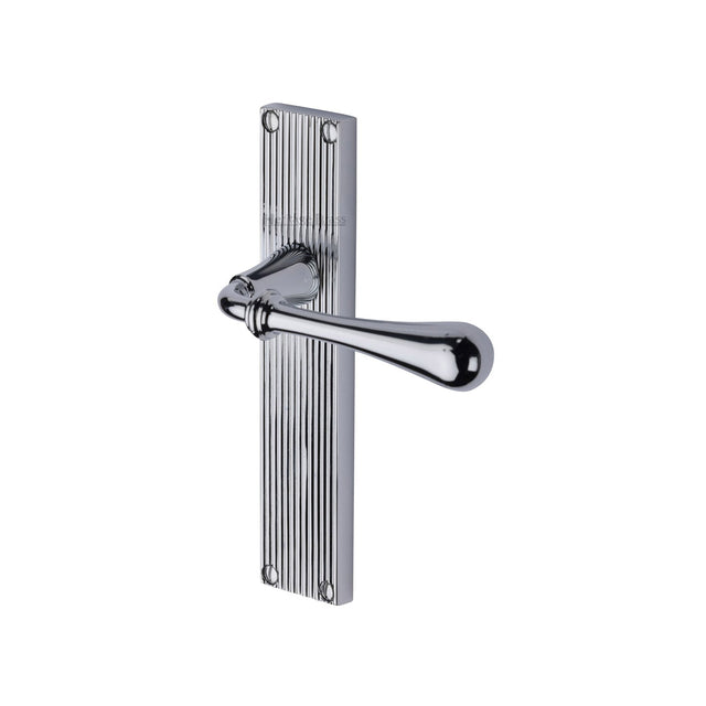 This is an image of a Heritage Brass - Roma Reeded Lever Latch Polished Chrome finish, rr6010-pc that is available to order from T.H Wiggans Ironmongery in Kendal.