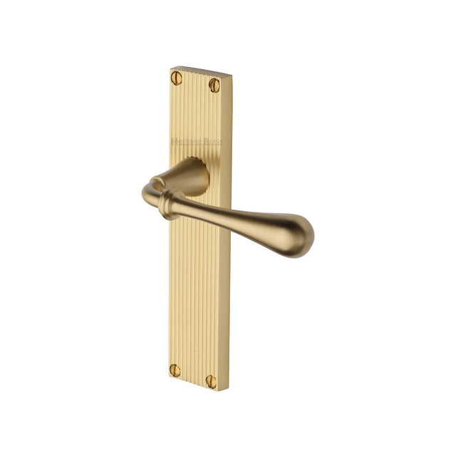 This is an image of a Heritage Brass - Roma Reeded Lever Latch Satin Brass finish, rr6010-sb that is available to order from T.H Wiggans Ironmongery in Kendal.