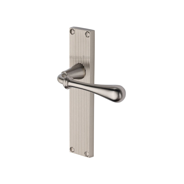 This is an image of a Heritage Brass - Roma Reeded Lever Latch Satin Nickel finish, rr6010-sn that is available to order from T.H Wiggans Ironmongery in Kendal.