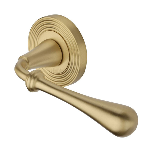 This is an image of a Heritage Brass - Door Handle Lever Latch on Round Rose Roma Reeded Design Satin B, rr7156-sb that is available to order from T.H Wiggans Ironmongery in Kendal.