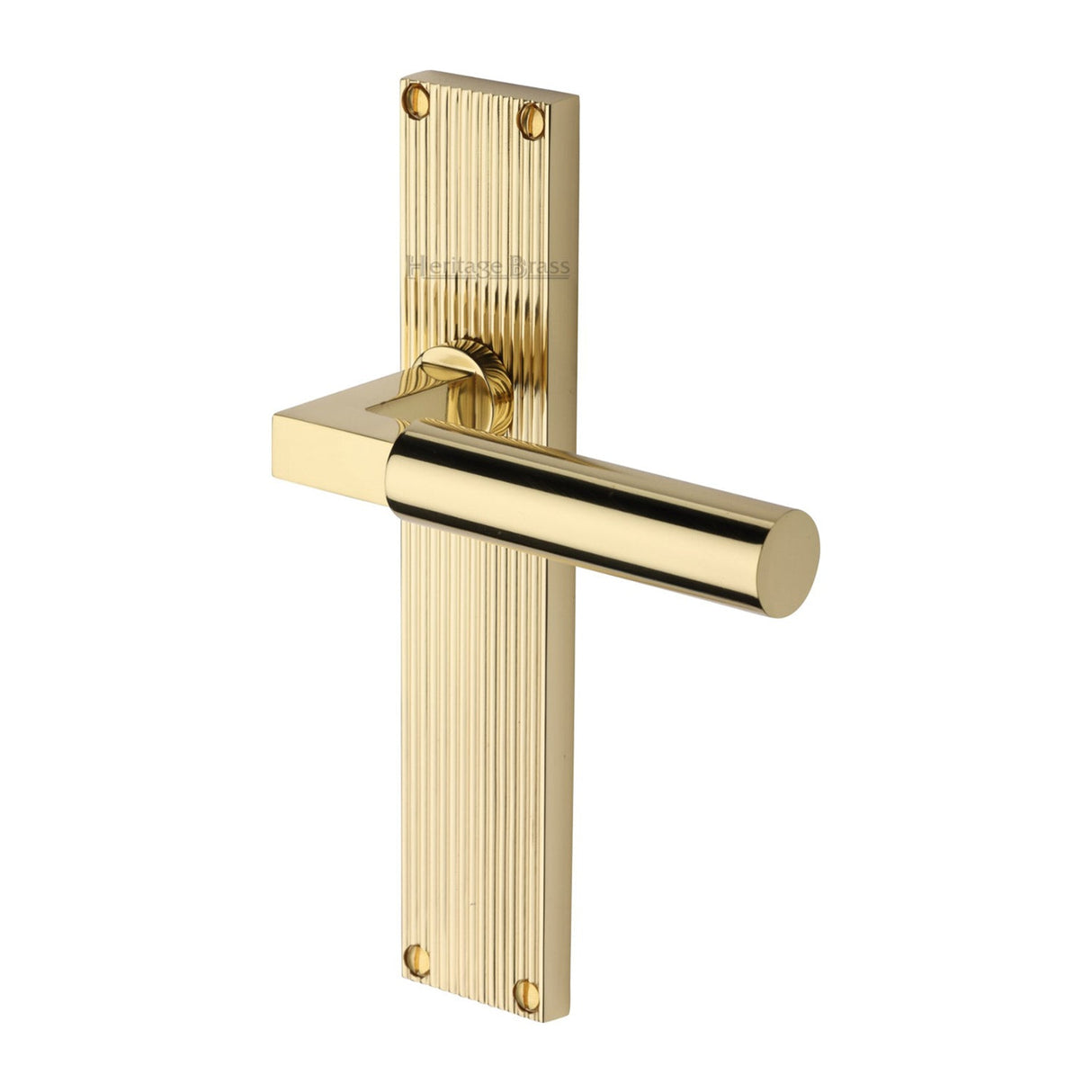 This is an image of a Heritage Brass - Bauhaus Reeded Lever Latch Polished Brass finish, rr7310-pb that is available to order from T.H Wiggans Ironmongery in Kendal.