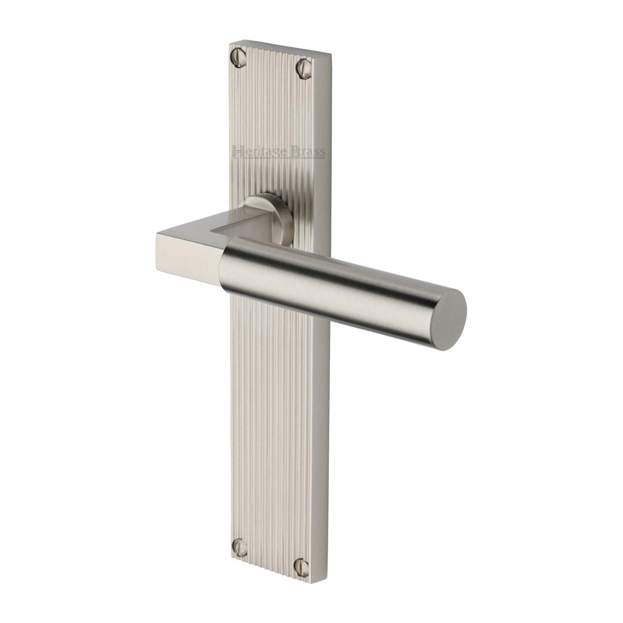 This is an image of a Heritage Brass - Bauhaus Reeded Lever Latch Satin Nickel finish, rr7310-sn that is available to order from T.H Wiggans Ironmongery in Kendal.