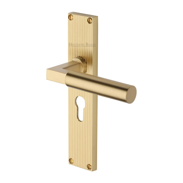 This is an image of a Heritage Brass - Bauhaus Reeded Euro Profile Satin Brass finish, rr7348-sb that is available to order from T.H Wiggans Ironmongery in Kendal.