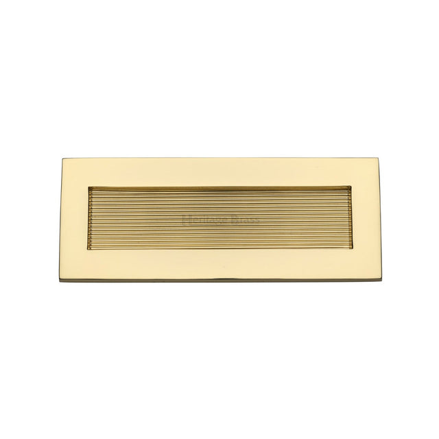 This is an image of a Heritage Brass - Reeded Letterplate 10" x 4" Unlacquered Brass finish, rr852-254-101-ulb that is available to order from T.H Wiggans Ironmongery in Kendal.