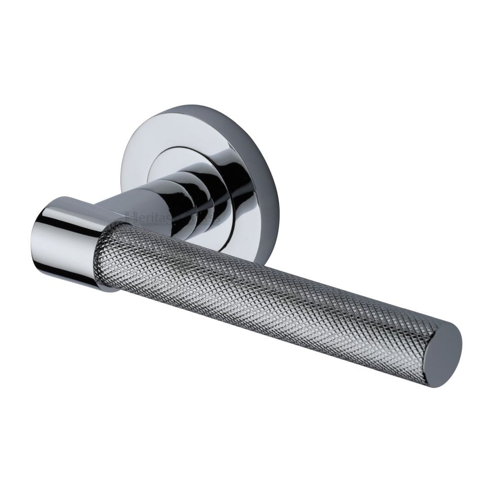This is an image of a Heritage Brass - Door Handle Lever on Rose Phoenix Knurled Design Polished Chrome Fi, rs2018-pc that is available to order from T.H Wiggans Ironmongery in Kendal.