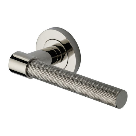 This is an image of a Heritage Brass - Door Handle Lever on Rose Phoenix Knurled Design Polished Nickel Fi, rs2018-pnf that is available to order from T.H Wiggans Ironmongery in Kendal.