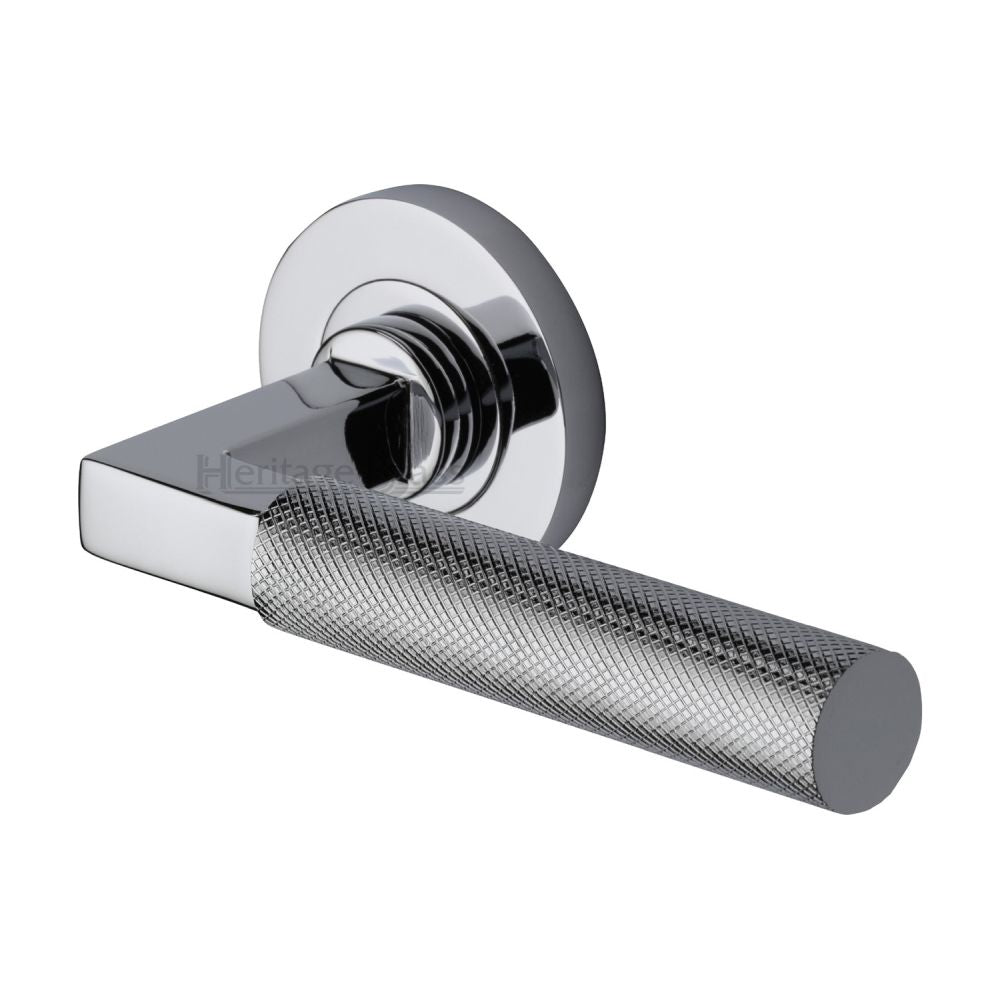 This is an image of a Heritage Brass - Door Handle Lever on Rose Signac (Knurled Bauhaus) Design Polished, rs2260-pc that is available to order from T.H Wiggans Ironmongery in Kendal.