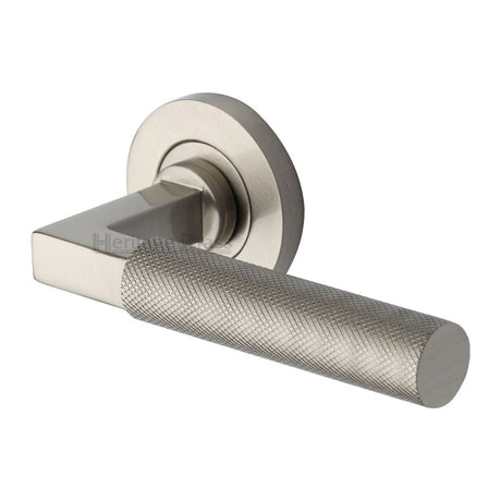 This is an image of a Heritage Brass - Door Handle Lever on Rose Signac (Knurled Bauhaus) Design Satin, rs2260-sn that is available to order from T.H Wiggans Ironmongery in Kendal.