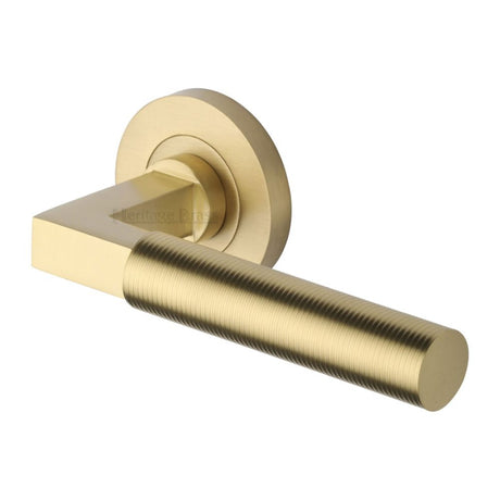 This is an image of a Heritage Brass - Door Handle Lever on Rose Spectral Design Satin Brass Finish, rs2261-sb that is available to order from T.H Wiggans Ironmongery in Kendal.