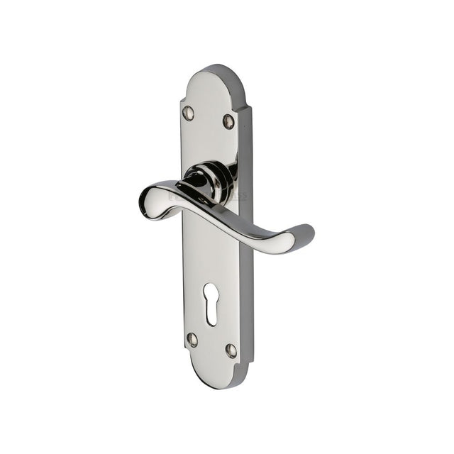 This is an image of a Heritage Brass - Door Handle Lever Lock Savoy Design Polished Nickel Finish, s600-pnf that is available to order from T.H Wiggans Ironmongery in Kendal.