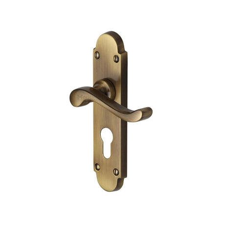 This is an image of a Heritage Brass - Door Handle for Euro Profile Plate Savoy Design Antique Brass Fini, s607-48-at that is available to order from T.H Wiggans Ironmongery in Kendal.