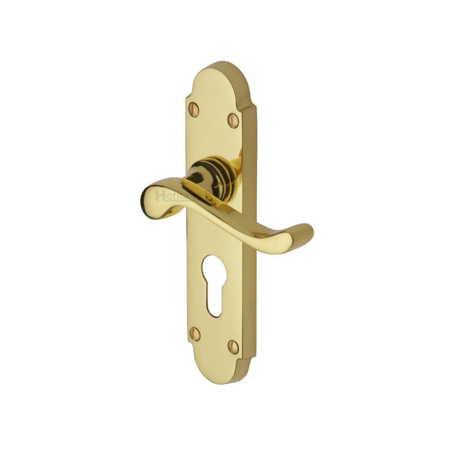 This is an image of a Heritage Brass - Door Handle for Euro Profile Plate Savoy Design Polished Brass Fini, s607-48-pb that is available to order from T.H Wiggans Ironmongery in Kendal.