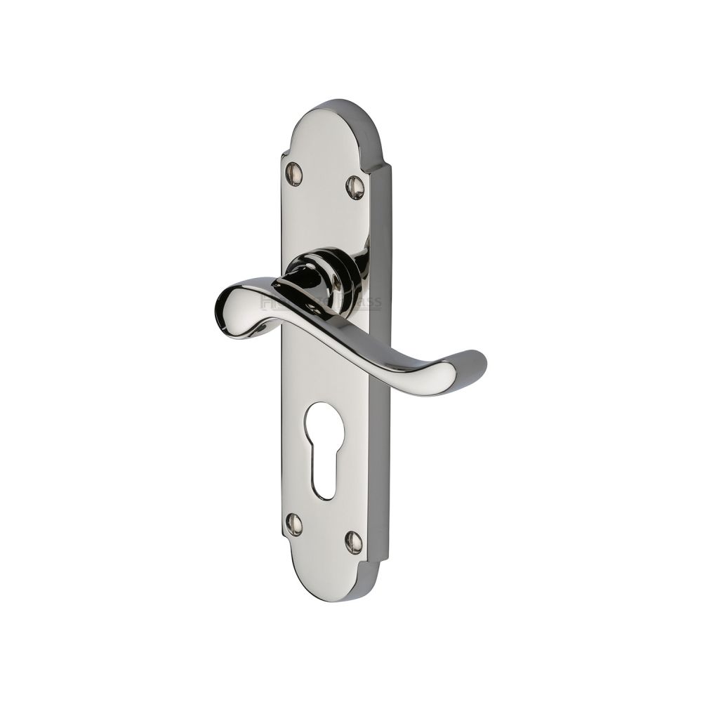 This is an image of a Heritage Brass - Door Handle for Euro Profile Plate Savoy Design Polished Nickel Fin, s607-48-pnf that is available to order from T.H Wiggans Ironmongery in Kendal.