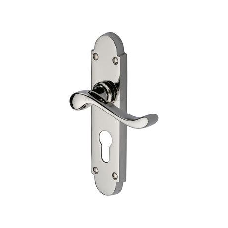 This is an image of a Heritage Brass - Door Handle for Euro Profile Plate Savoy Design Polished Nickel Fin, s607-48-pnf that is available to order from T.H Wiggans Ironmongery in Kendal.