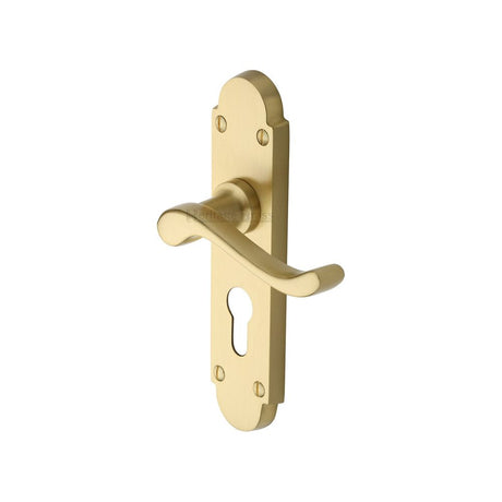 This is an image of a Heritage Brass - Door Handle for Euro Profile Plate Savoy Design Satin Brass Fini, s607-48-sb that is available to order from T.H Wiggans Ironmongery in Kendal.