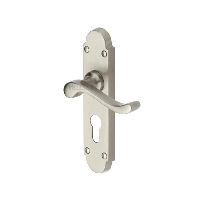 This is an image of a Heritage Brass - Door Handle for Euro Profile Plate Savoy Design Satin Nickel Fin, s607-48-sn that is available to order from T.H Wiggans Ironmongery in Kendal.