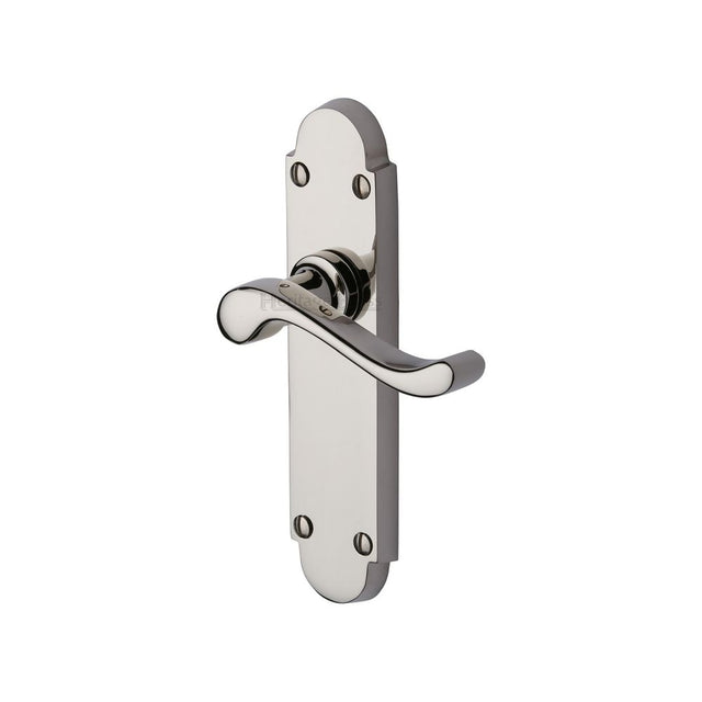 This is an image of a Heritage Brass - Door Handle Lever Latch Savoy Design Polished Nickel Finish, s610-pnf that is available to order from T.H Wiggans Ironmongery in Kendal.