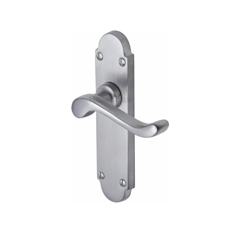 This is an image of a Heritage Brass - Door Handle Lever Latch Savoy Design Satin Chrome Finish, s610-sc that is available to order from T.H Wiggans Ironmongery in Kendal.