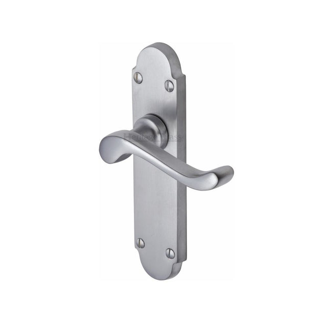 This is an image of a Heritage Brass - Door Handle Lever Latch Savoy Design Satin Chrome Finish, s610-sc that is available to order from T.H Wiggans Ironmongery in Kendal.