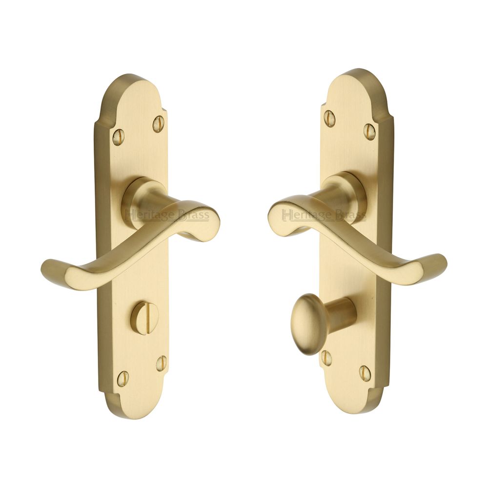This is an image of a Heritage Brass - Door Handle for Bathroom Savoy Design Satin Brass Finish, s620-sb that is available to order from T.H Wiggans Ironmongery in Kendal.