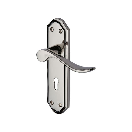 This is an image of a Heritage Brass - Door Handle Lever Lock Sandown Design Polished Nickel Finish, san1400-pnf that is available to order from T.H Wiggans Ironmongery in Kendal.