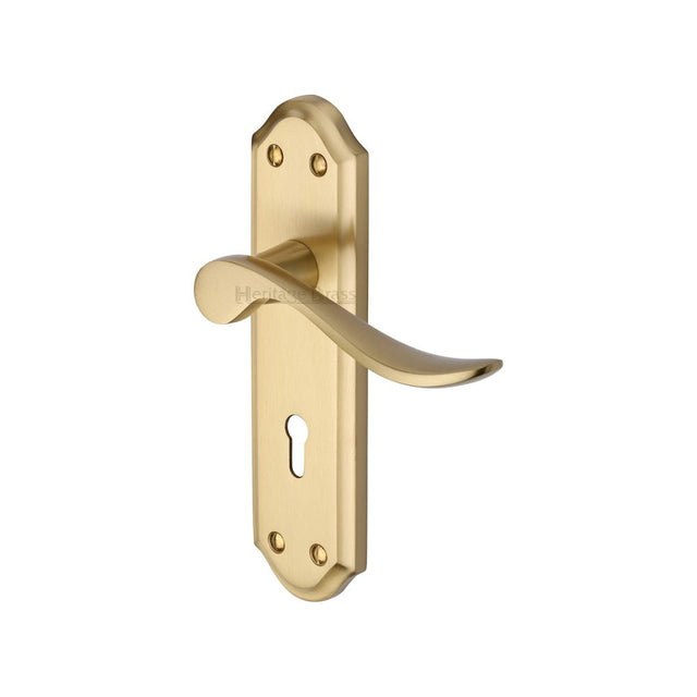 This is an image of a Heritage Brass - Door Handle Lever Lock Sandown Design Satin Brass Finish, san1400-sb that is available to order from T.H Wiggans Ironmongery in Kendal.
