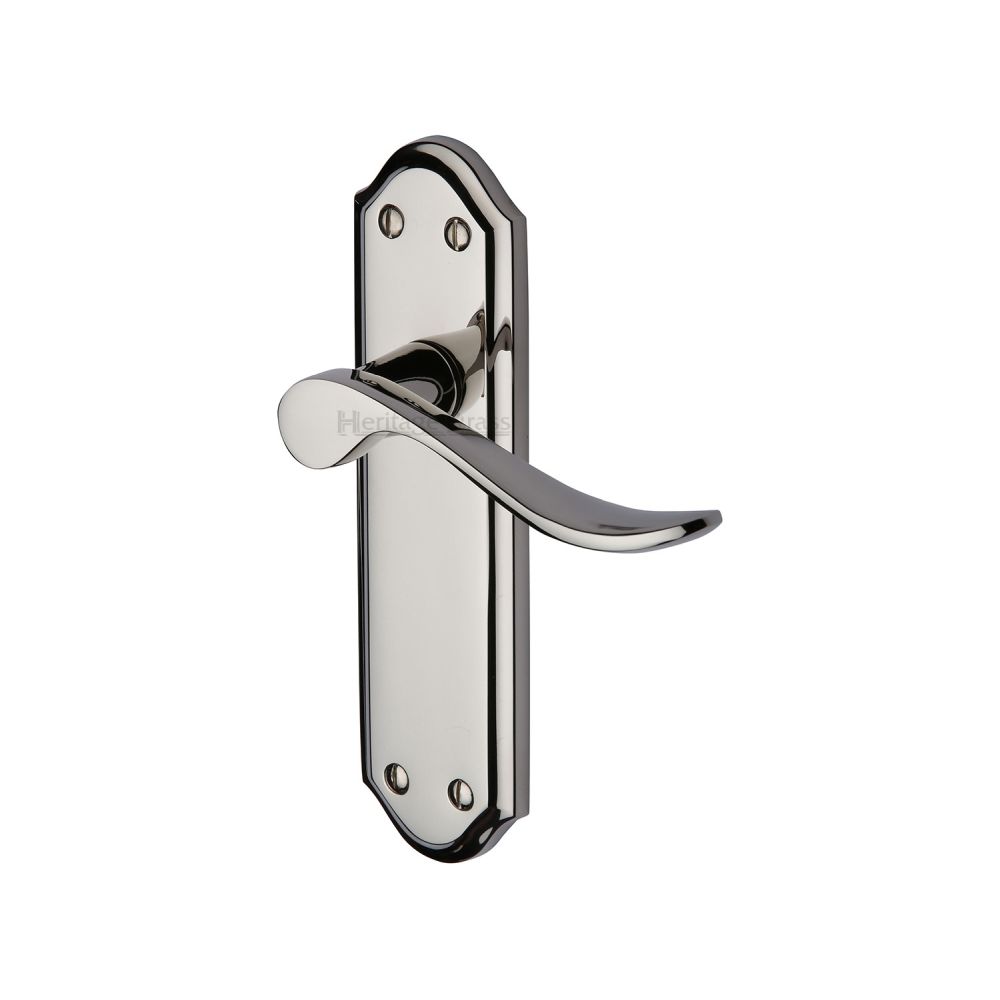This is an image of a Heritage Brass - Door Handle Lever Latch Sandown Design Polished Nickel Finish, san1410-pnf that is available to order from T.H Wiggans Ironmongery in Kendal.