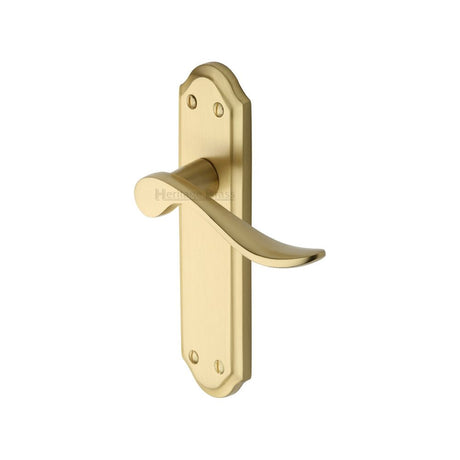 This is an image of a Heritage Brass - Door Handle Lever Latch Sandown Design Satin Brass Finish, san1410-sb that is available to order from T.H Wiggans Ironmongery in Kendal.