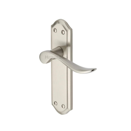 This is an image of a Heritage Brass - Door Handle Lever Latch Sandown Design Satin Nickel Finish, san1410-sn that is available to order from T.H Wiggans Ironmongery in Kendal.