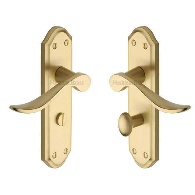 This is an image of a Heritage Brass - Door Handle for Bathroom Sandown Design Satin Brass Finish, san1430-sb that is available to order from T.H Wiggans Ironmongery in Kendal.