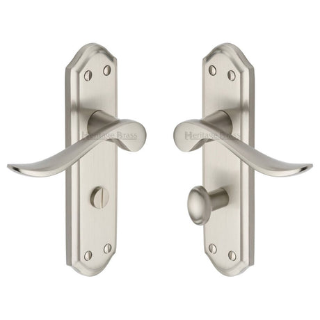 This is an image of a Heritage Brass - Door Handle for Bathroom Sandown Design Satin Nickel Finish, san1430-sn that is available to order from T.H Wiggans Ironmongery in Kendal.