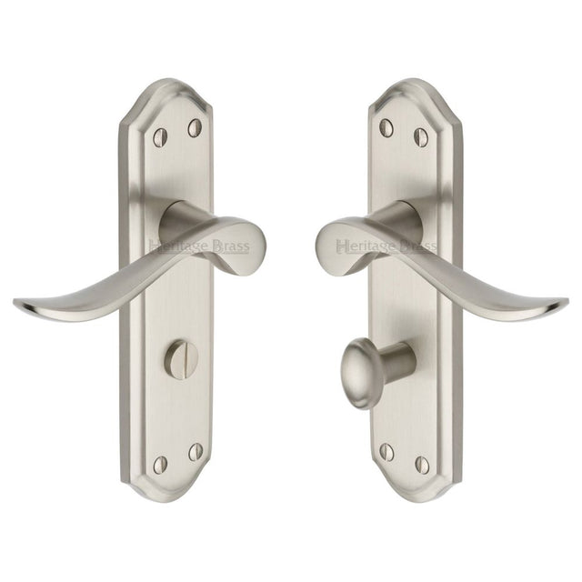 This is an image of a Heritage Brass - Door Handle for Bathroom Sandown Design Satin Nickel Finish, san1430-sn that is available to order from T.H Wiggans Ironmongery in Kendal.