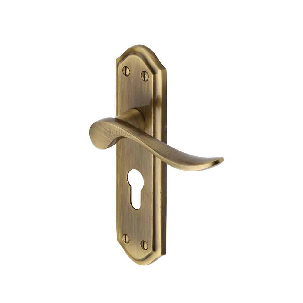 This is an image of a Heritage Brass - Door Handle for Euro Profile Plate Sandown Design Antique Brass Fi, san1448-at that is available to order from T.H Wiggans Ironmongery in Kendal.