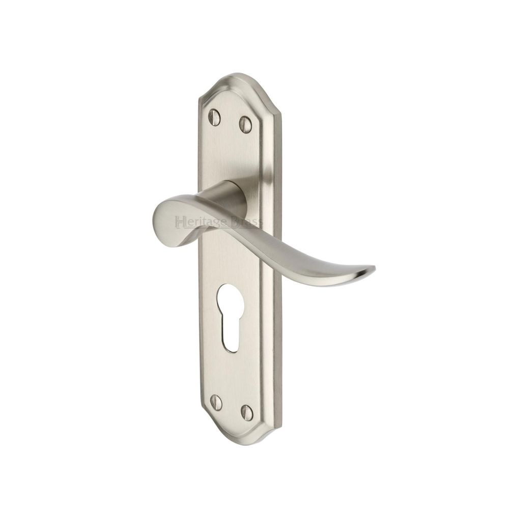 This is an image of a Heritage Brass - Door Handle for Euro Profile Plate Sandown Design Satin Nickel F, san1448-sn that is available to order from T.H Wiggans Ironmongery in Kendal.