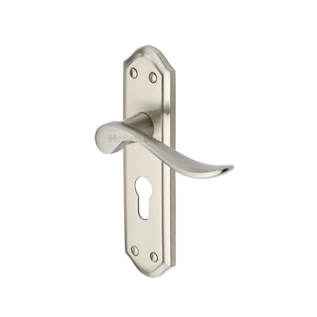 This is an image of a Heritage Brass - Door Handle for Euro Profile Plate Sandown Design Satin Nickel F, san1448-sn that is available to order from T.H Wiggans Ironmongery in Kendal.