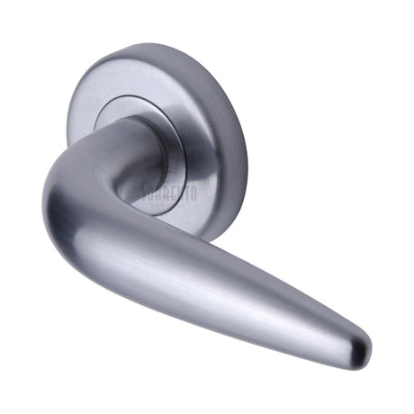 This is an image of a Sorrento - Door Handle Lever Latch on Round Rose Goccia Design Satin Chrome Finis, sc-1012-sc that is available to order from T.H Wiggans Ironmongery in Kendal.