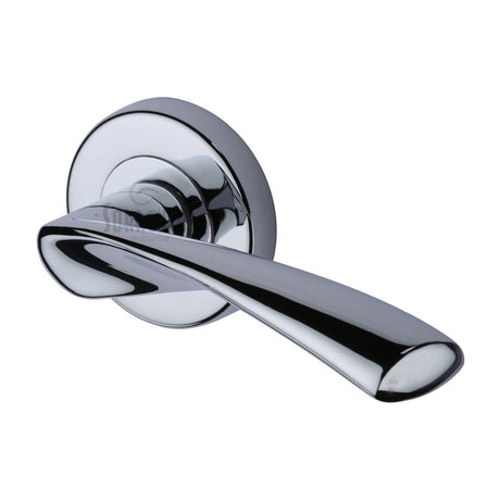 This is an image of a Sorrento - Door Handle Lever Latch on Round Rose Treviso Design Polished Chrome Fini, sc-2042-pc that is available to order from T.H Wiggans Ironmongery in Kendal.