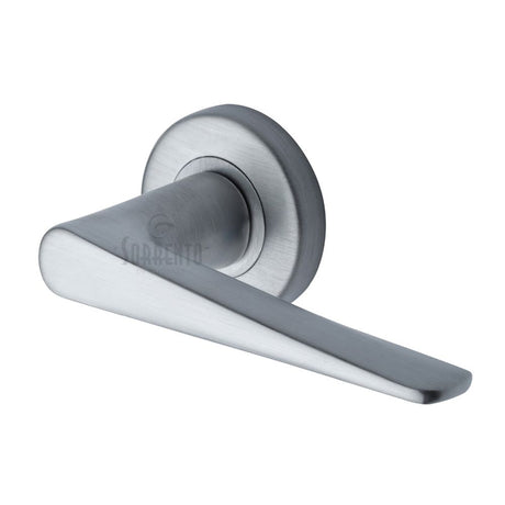 This is an image of a Sorrento - Door Handle Lever Latch on Round Rose Amalfi Design Satin Chrome Finis, sc-2059-sc that is available to order from T.H Wiggans Ironmongery in Kendal.