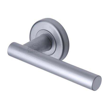 This is an image of a Sorrento - Door Handle Lever Latch on Round Rose Shuttle Design Satin Chrome Fini, sc-3052-sc that is available to order from T.H Wiggans Ironmongery in Kendal.