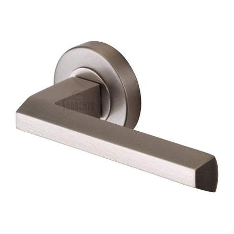 This is an image of a Sorrento - Door Handle Lever Latch on Round Rose Deda Design Satin Nickel Finish, sc-4754-sn that is available to order from T.H Wiggans Ironmongery in Kendal.